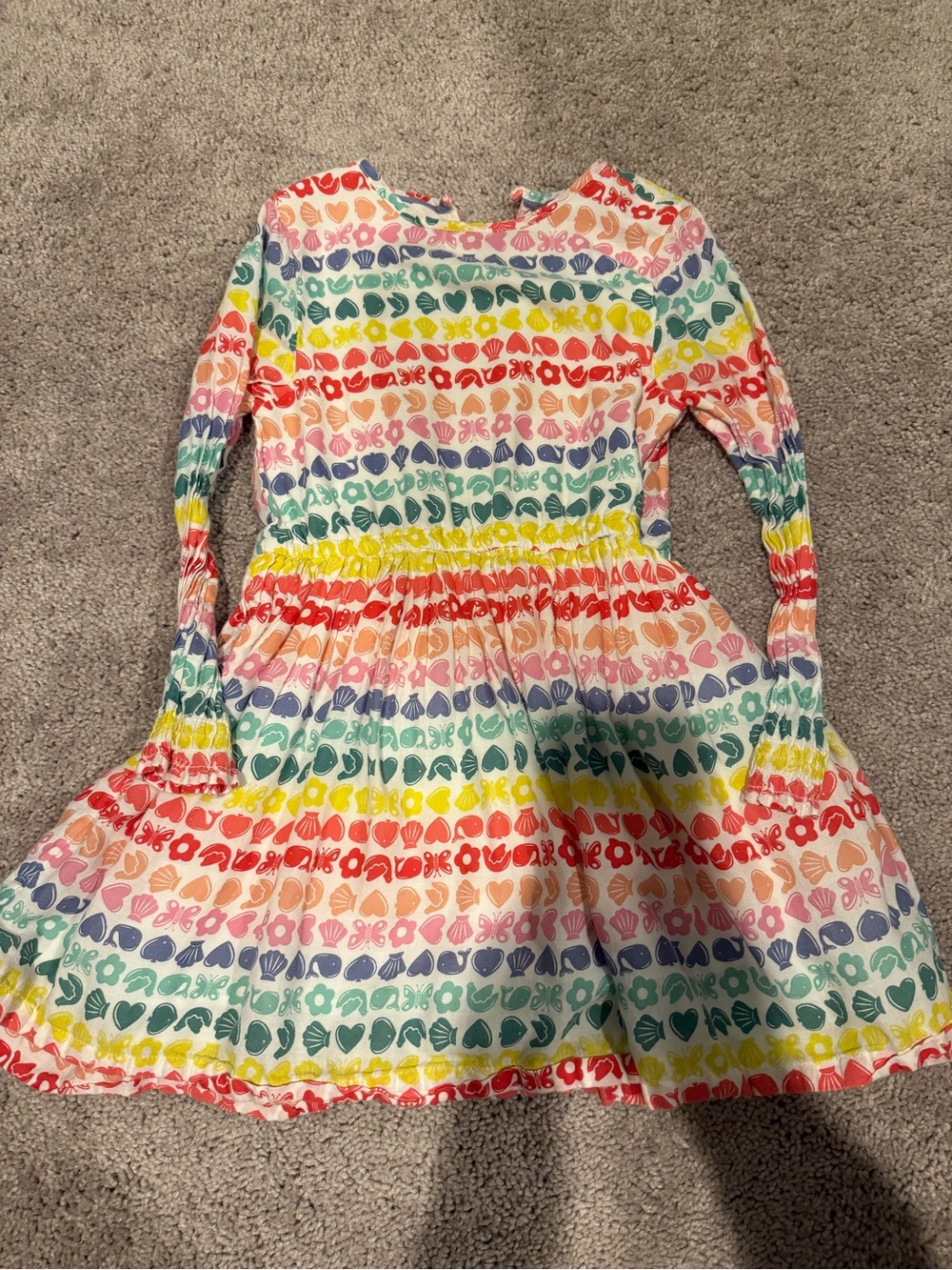 Mini Boden 6/7 Girls' Rainbow Heart Print Long Sleeve Dress